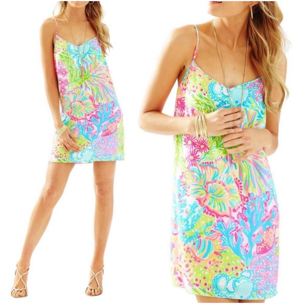 Lilly Pulitzer Womens Dusk Silk Slip Dress sleeveless Seaspray Lovers X- Small